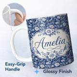 Personalized Custom Name Elegant Blue Floral Birds Branch Pattern Seamless Vintage Style 11oz Ceramic Coffee Tea Mug White Large Handle