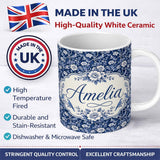 Personalized Custom Name Elegant Blue Floral Birds Branch Pattern Seamless Vintage Style 11oz Ceramic Coffee Tea Mug White Large Handle