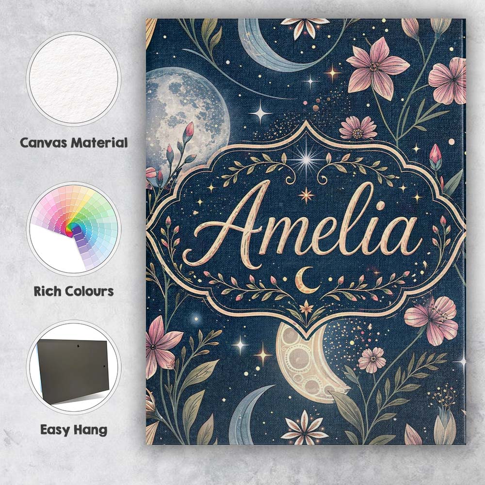 Personalised Name Pink Floral Moon Stars Celestial Night Seamless Custom  Bespoke Canvas Wall Art Print Decor Picture Ready to Hang