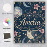 Personalised Name Pink Floral Moon Stars Celestial Night Seamless Custom  Bespoke Canvas Wall Art Print Decor Picture Ready to Hang