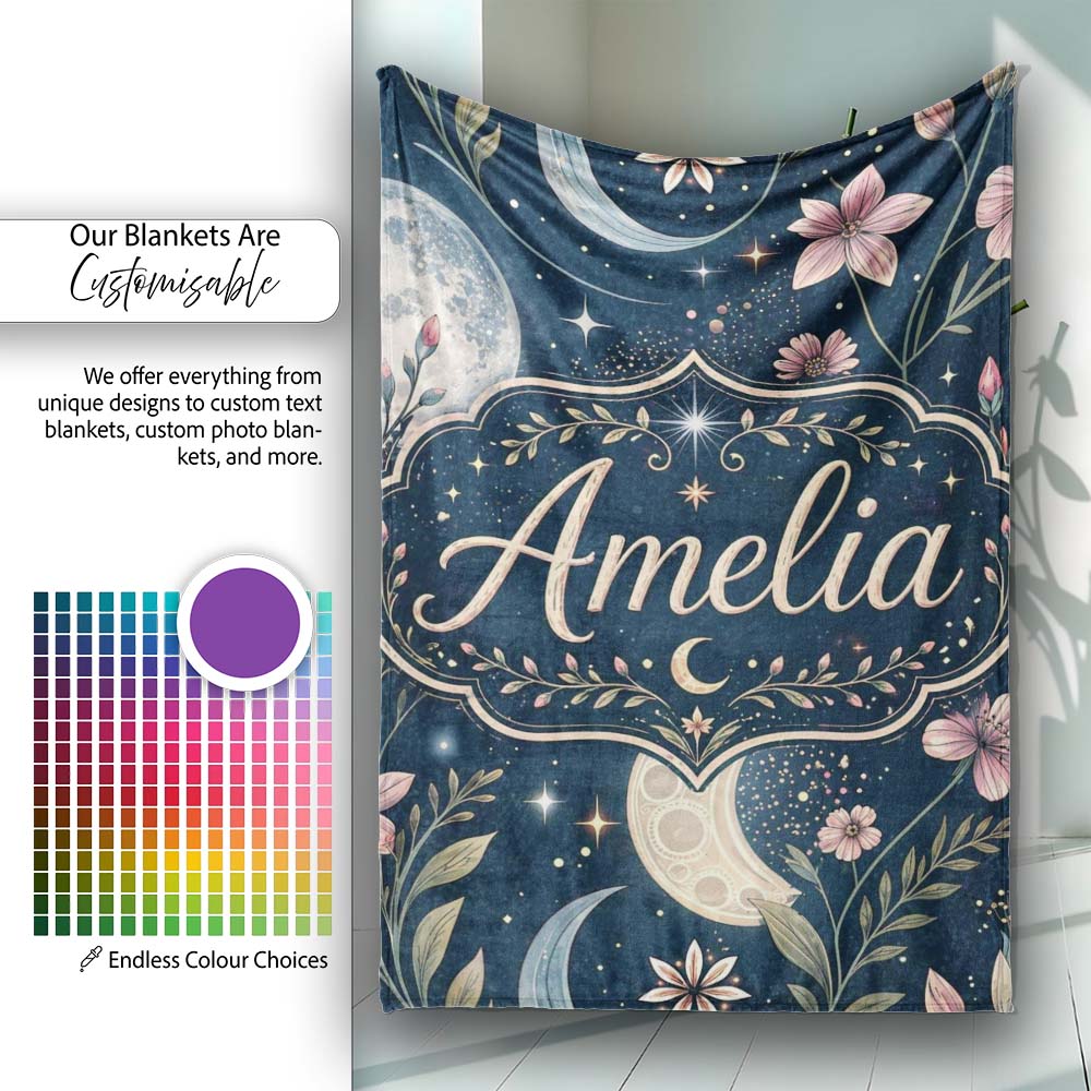 Pink Floral Moon Stars Celestial Night Seamless Pattern Lovely  Personalised Custom Name Super Soft Fleece Blanket Bed Sofa Throw