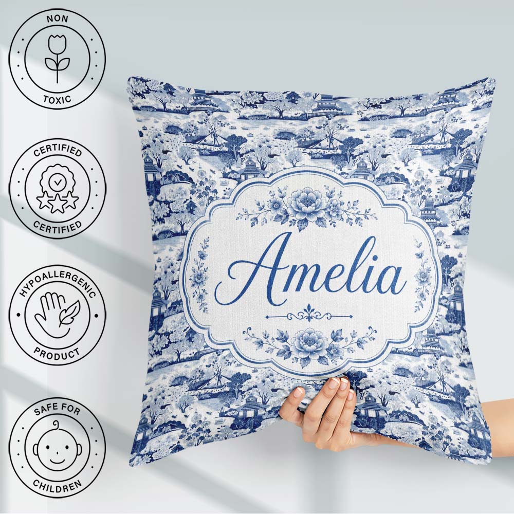 Custom Name Classic Oriental Landscape Pagoda Seamless Pattern Square Filled Cushion Throw Pillow Sofa Bed Home Decor Zip Washable UK Made