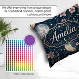 Custom Name Pink Floral Moon Stars Night Seamless Pattern Lovely Square Filled Cushion Throw Pillow Sofa Bed Home Decor Zip Washable UK Made