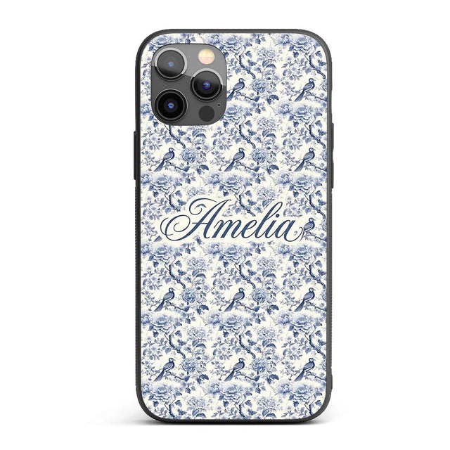 Soft Blue Floral Bird Branch Toile Style Seamless Custom Name Protective Phone Case Mobile Cover Durable Everyday Smartphone Shock Resistant