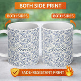 Personalized Custom Name Soft Blue Floral Bird Branch Toile Style Seamless Vintage Pattern 11oz Ceramic Coffee Tea Mug White Large Handle
