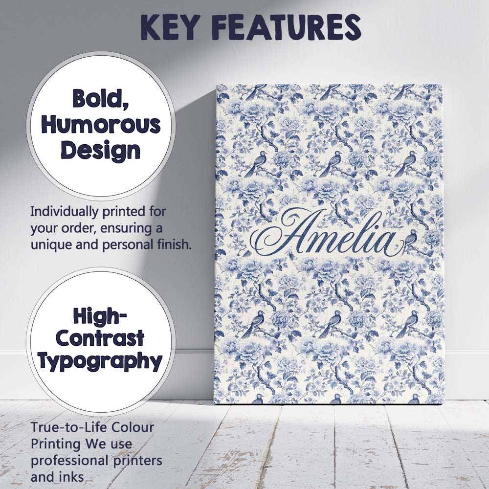 Personalised Name Soft Blue Floral Bird Custom  Modern Room Accent Elegant Feature Canvas Wall Art Print Decor Picture Ready to Hang