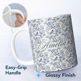 Personalized Custom Name Soft Blue Floral Bird Branch Toile Style Seamless Vintage Pattern 11oz Ceramic Coffee Tea Mug White Large Handle