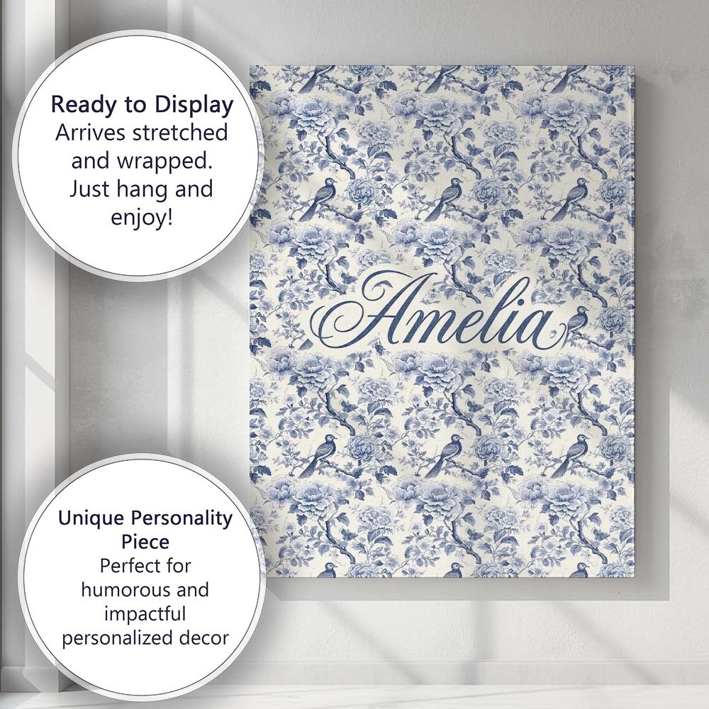 Personalised Name Soft Blue Floral Bird Custom  Modern Room Accent Elegant Feature Canvas Wall Art Print Decor Picture Ready to Hang