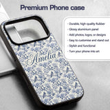Soft Blue Floral Bird Branch Toile Style Seamless Custom Name Protective Phone Case Mobile Cover Durable Everyday Smartphone Shock Resistant