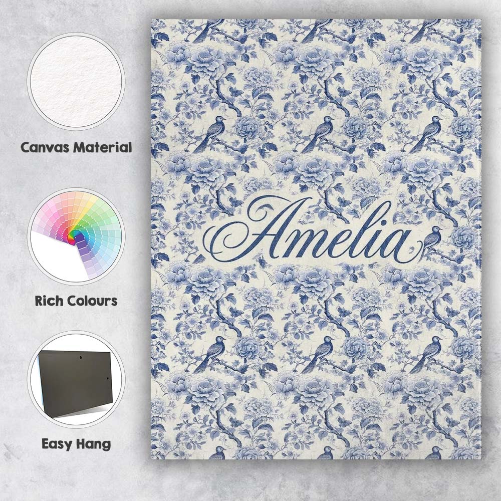 Personalised Name Soft Blue Floral Bird Custom  Modern Room Accent Elegant Feature Canvas Wall Art Print Decor Picture Ready to Hang
