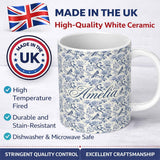 Personalized Custom Name Soft Blue Floral Bird Branch Toile Style Seamless Vintage Pattern 11oz Ceramic Coffee Tea Mug White Large Handle