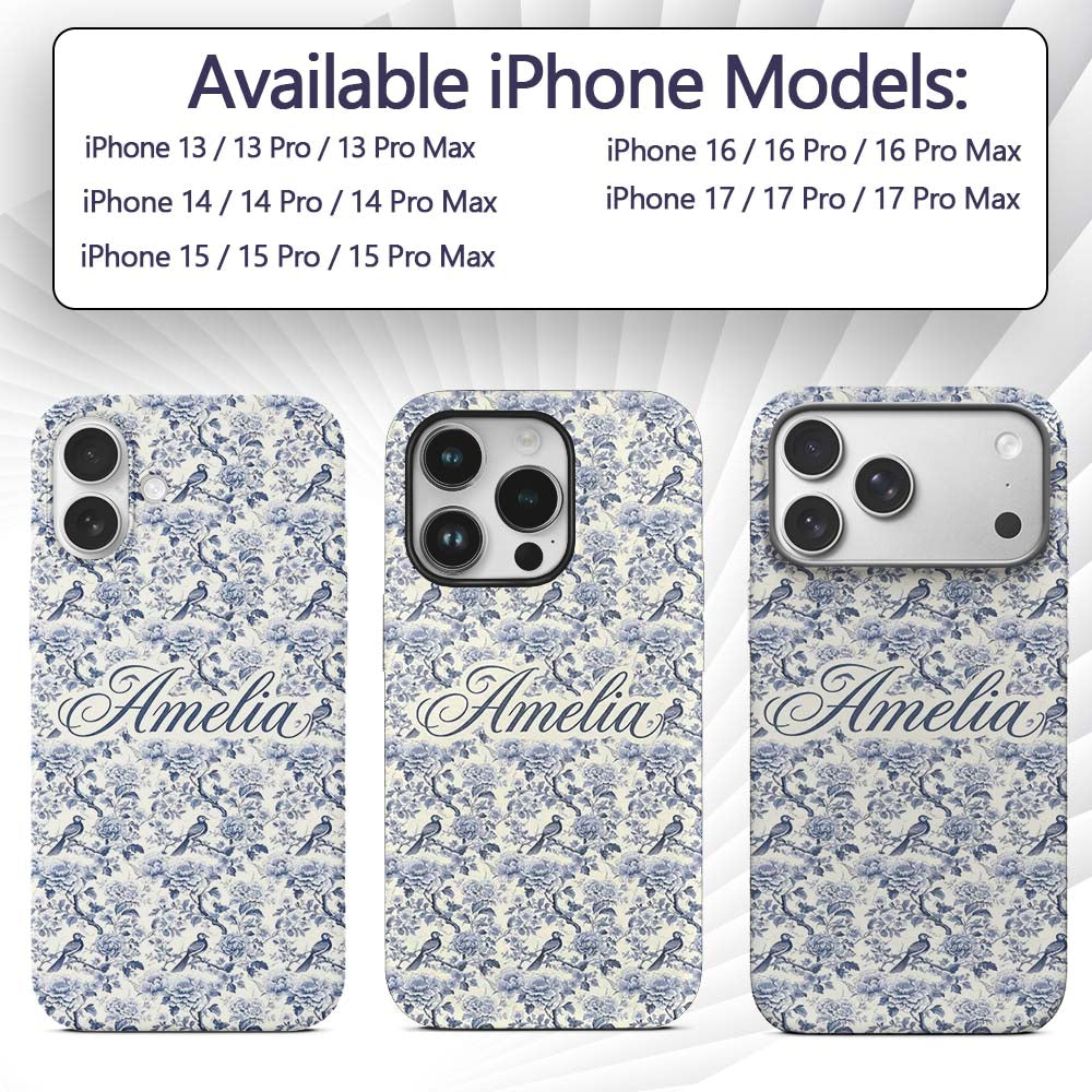 Soft Blue Floral Bird Branch Toile Style Seamless Custom Name Protective Phone Case Mobile Cover Durable Everyday Smartphone Shock Resistant