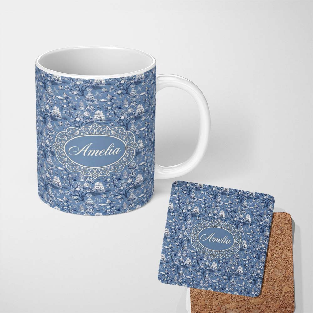 Personalized Custom Name Detailed Blue Chinoiserie Garden Birds Pagoda Seamless Pattern Name 11oz Ceramic Coffee Tea Mug White Large Handle