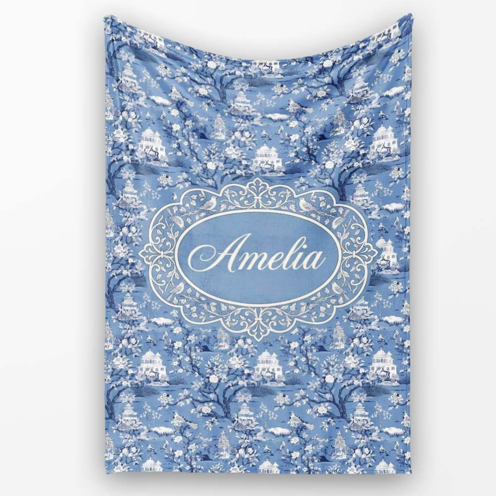 Detailed Blue Chinoiserie Garden Birds Pagoda Seamless Pattern Name  Personalised Custom Name Super Soft Fleece Blanket Bed Sofa Throw