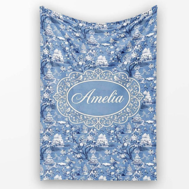 Detailed Blue Chinoiserie Garden Birds Pagoda Seamless Pattern Name  Personalised Custom Name Super Soft Fleece Blanket Bed Sofa Throw
