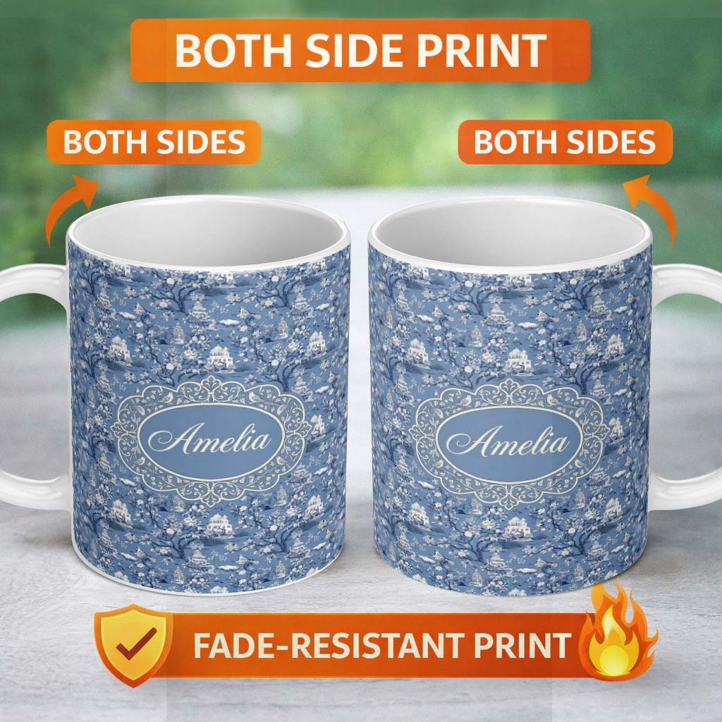 Personalized Custom Name Detailed Blue Chinoiserie Garden Birds Pagoda Seamless Pattern Name 11oz Ceramic Coffee Tea Mug White Large Handle