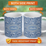 Personalized Custom Name Detailed Blue Chinoiserie Garden Birds Pagoda Seamless Pattern Name 11oz Ceramic Coffee Tea Mug White Large Handle