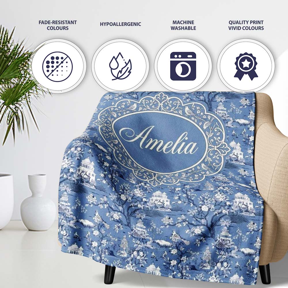 Detailed Blue Chinoiserie Garden Birds Pagoda Seamless Pattern Name  Personalised Custom Name Super Soft Fleece Blanket Bed Sofa Throw