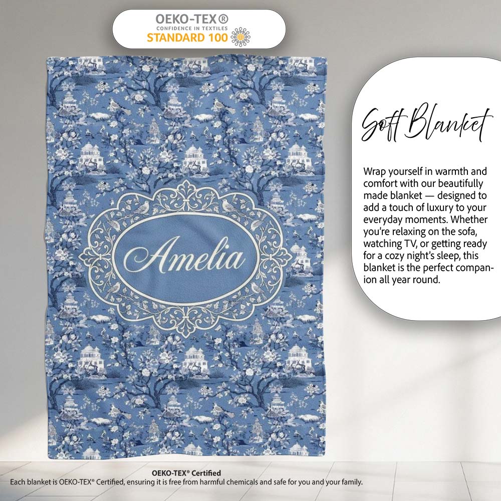 Detailed Blue Chinoiserie Garden Birds Pagoda Seamless Pattern Name  Personalised Custom Name Super Soft Fleece Blanket Bed Sofa Throw
