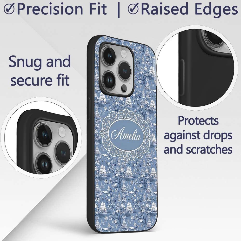 Detailed Blue Chinoiserie Garden Birds Pagoda Custom Name Protective Phone Case Mobile Cover Durable Everyday Smartphone Shock Resistant