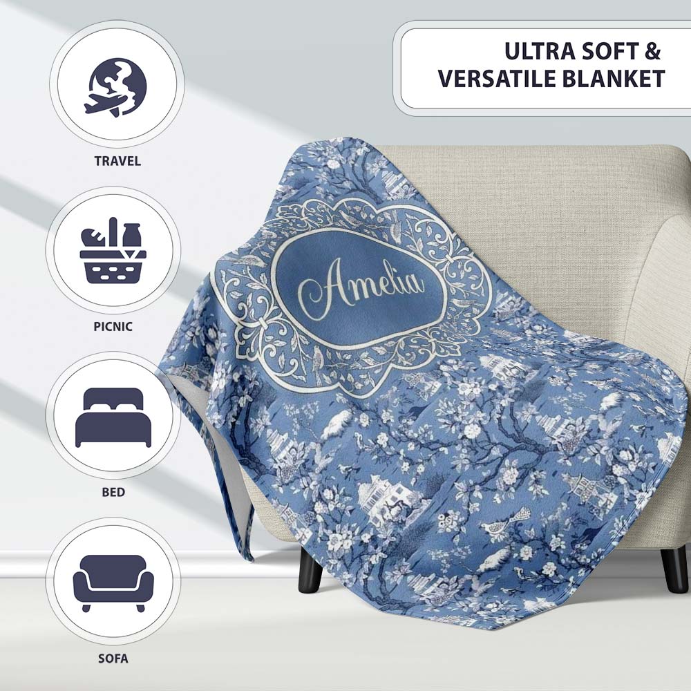 Detailed Blue Chinoiserie Garden Birds Pagoda Seamless Pattern Name  Personalised Custom Name Super Soft Fleece Blanket Bed Sofa Throw