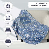 Detailed Blue Chinoiserie Garden Birds Pagoda Seamless Pattern Name  Personalised Custom Name Super Soft Fleece Blanket Bed Sofa Throw