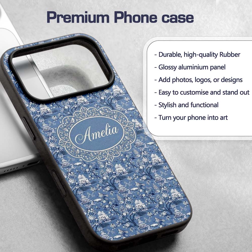 Detailed Blue Chinoiserie Garden Birds Pagoda Custom Name Protective Phone Case Mobile Cover Durable Everyday Smartphone Shock Resistant