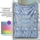 Detailed Blue Chinoiserie Garden Birds Pagoda Seamless Pattern Name  Personalised Custom Name Super Soft Fleece Blanket Bed Sofa Throw