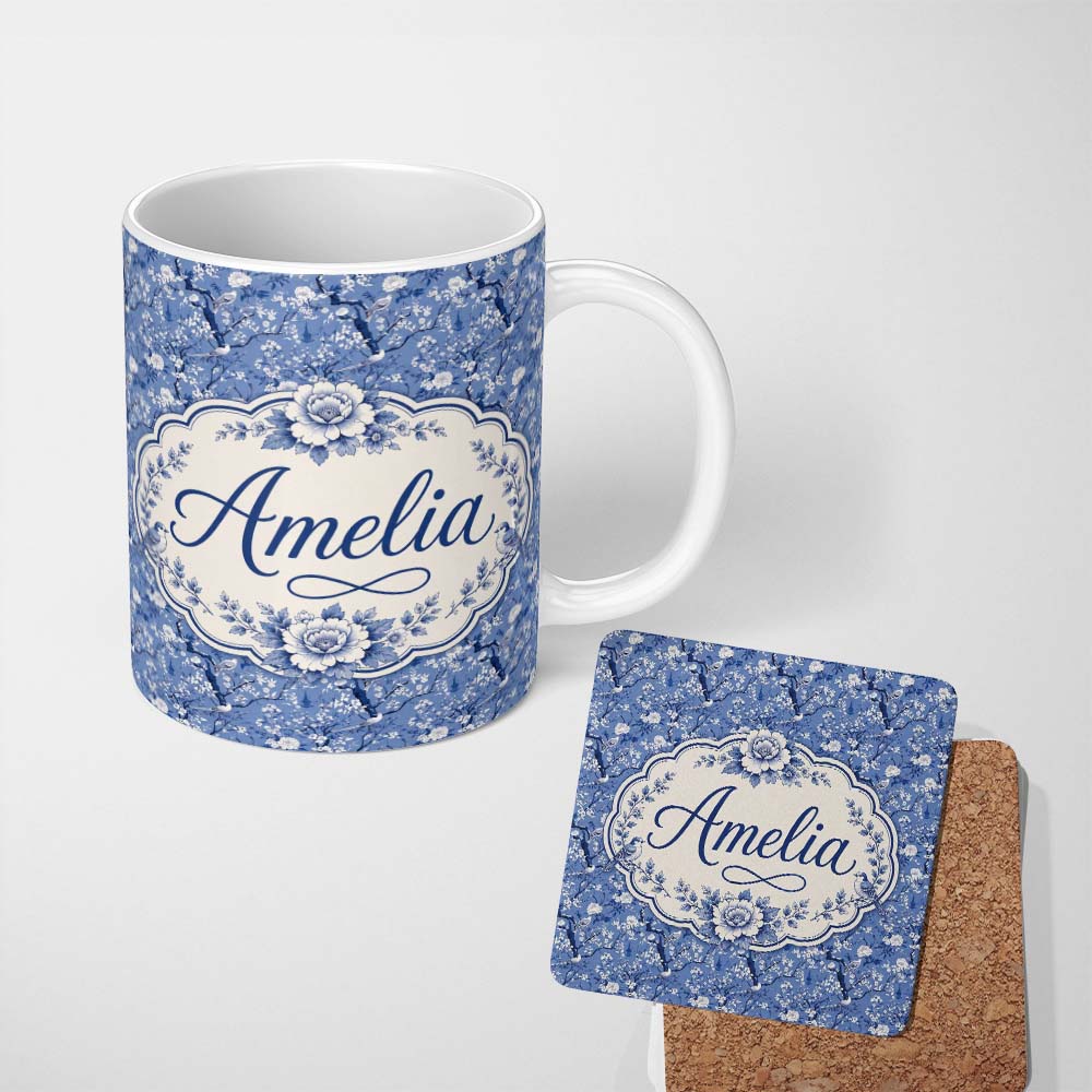 Personalized Custom Name Blue Blossom Tree Birds Oriental Scenic Seamless Pattern Name Cute 11oz Ceramic Coffee Tea Mug White Large Handle