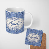 Personalized Custom Name Blue Blossom Tree Birds Oriental Scenic Seamless Pattern Name Cute 11oz Ceramic Coffee Tea Mug White Large Handle