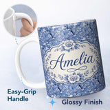 Personalized Custom Name Blue Blossom Tree Birds Oriental Scenic Seamless Pattern Name Cute 11oz Ceramic Coffee Tea Mug White Large Handle
