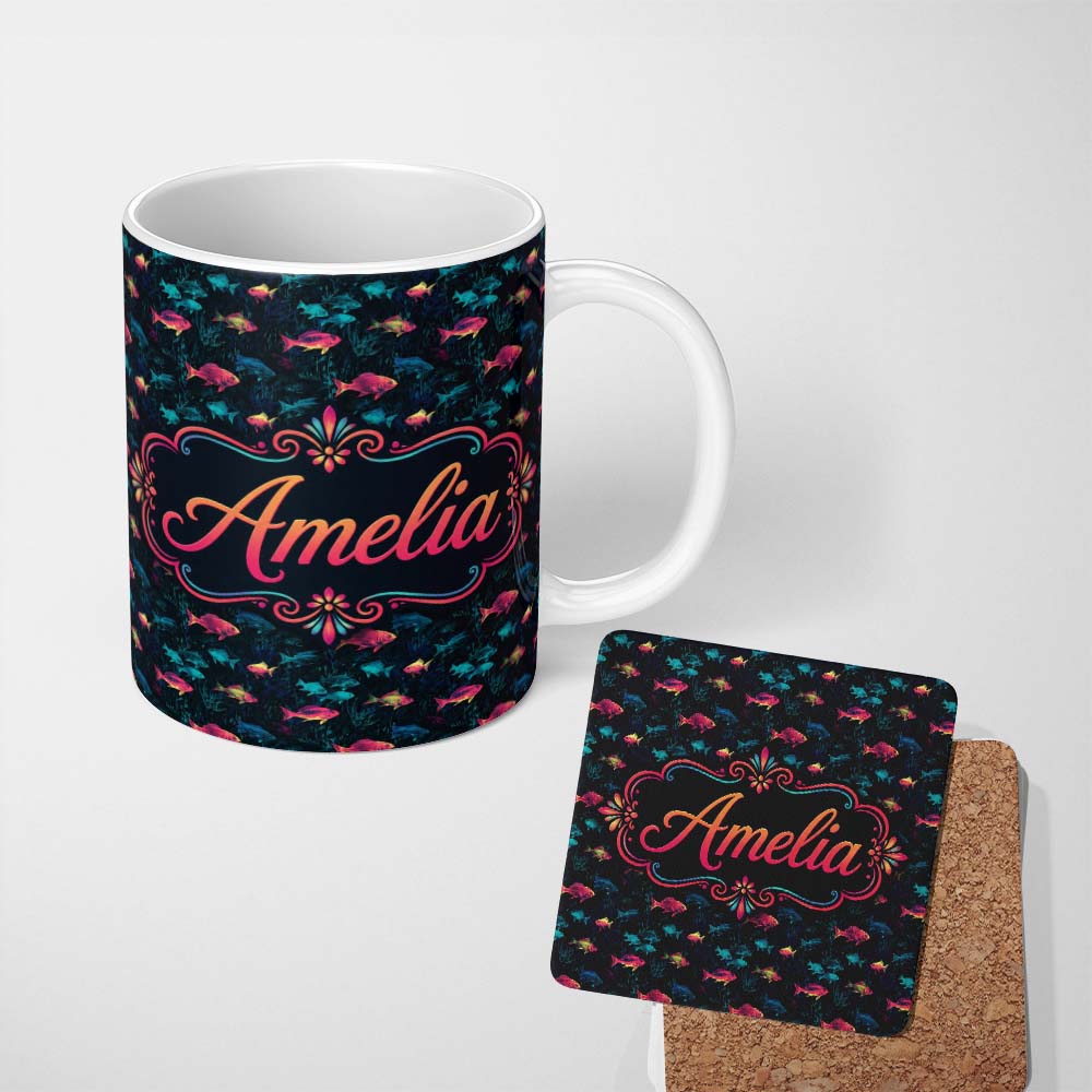Personalized Custom Name Neon Pink and Blue Fish in Deep Sea Background Seamless Pattern 11oz Ceramic Coffee Tea Mug White Large Handle