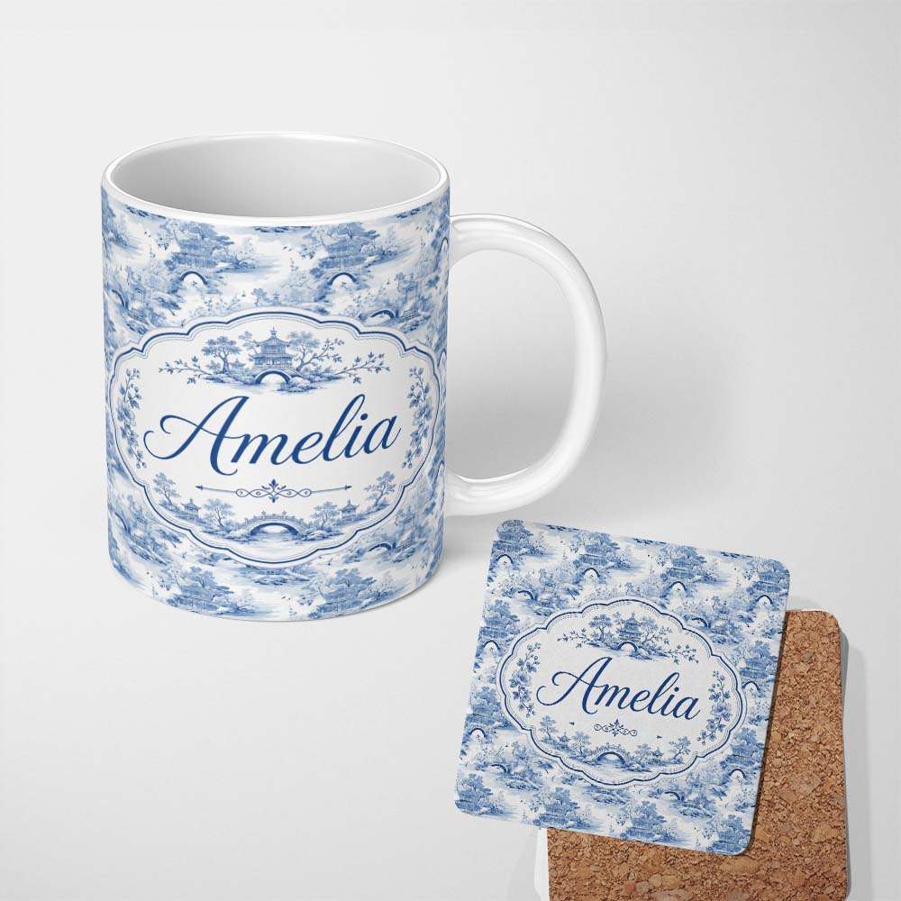 Personalized Custom Name Light Blue Asian Bridge Garden Scenic Seamless Pattern Name Cute 11oz Ceramic Coffee Tea Mug White Large Handle