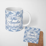 Personalized Custom Name Light Blue Asian Bridge Garden Scenic Seamless Pattern Name Cute 11oz Ceramic Coffee Tea Mug White Large Handle