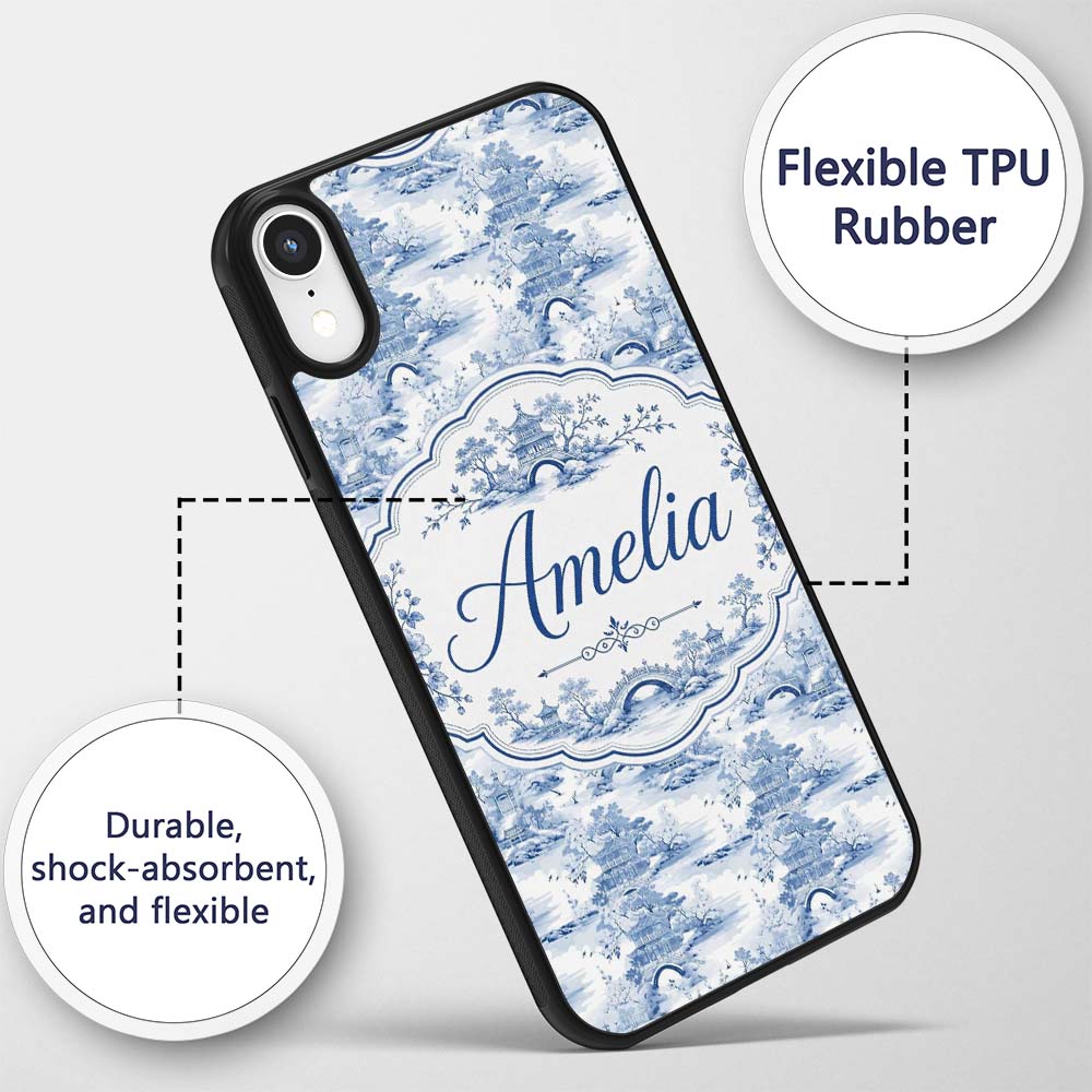 Light Blue Asian Bridge Garden Scenic Seamless Custom Name Protective Phone Case Mobile Cover Durable Everyday Smartphone Shock Resistant
