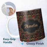 Personalized Custom Name Dark Gothic Ornamental Floral Red Gold and Charcoal Seamless Pattern 11oz Ceramic Coffee Tea Mug White Large Handle