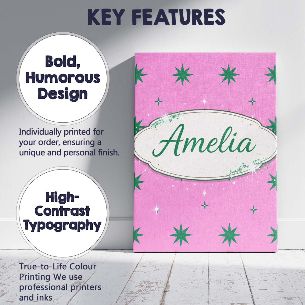 Personalised Name Green Star Shapes on Pink Background Seamless Custom  Statement Canvas Wall Art Print Decor Picture Ready to Hang