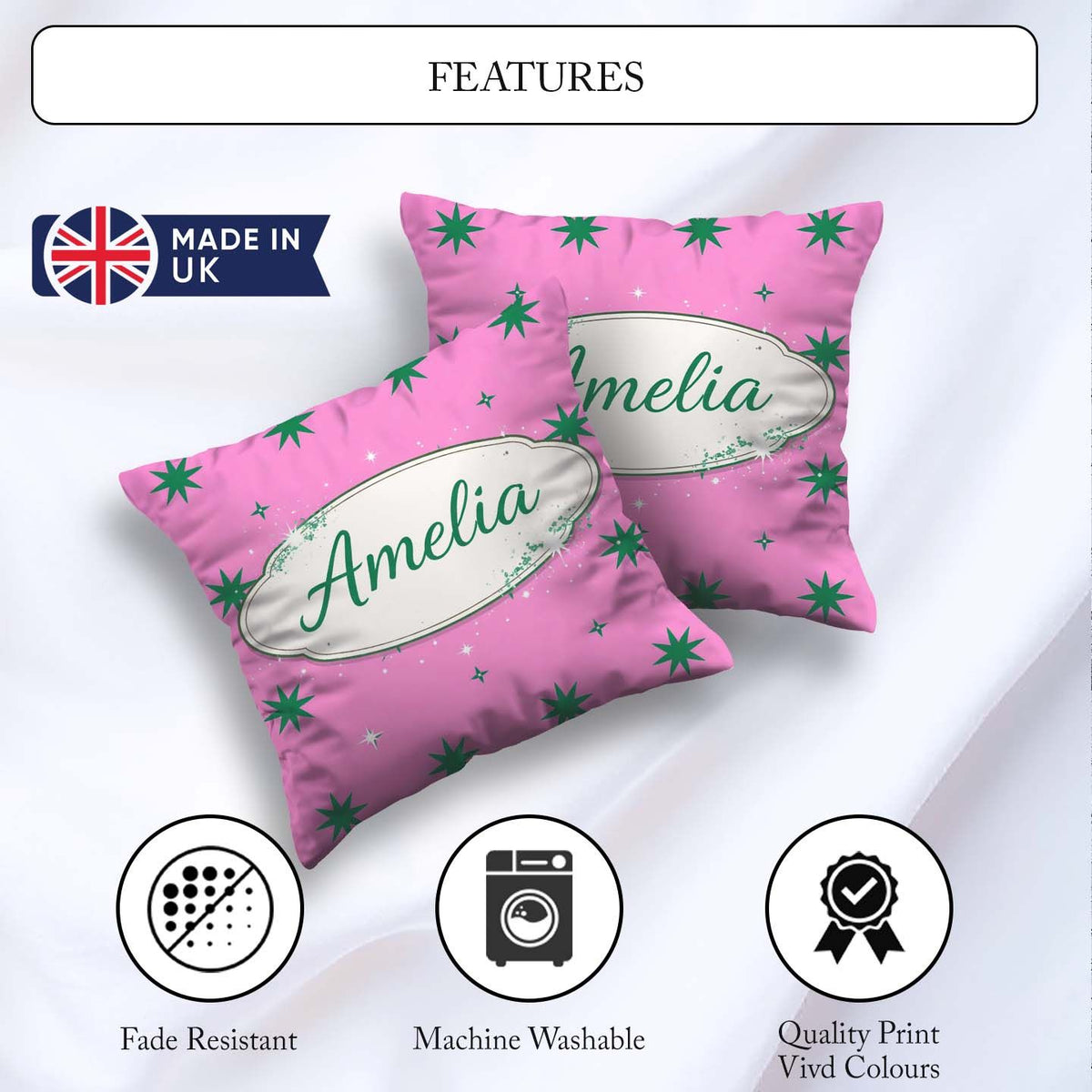 Custom Name Green Star Shapes on Pink Background Seamless Lovely Square Filled Cushion Throw Pillow Sofa Bed Home Decor Zip Washable UK Made
