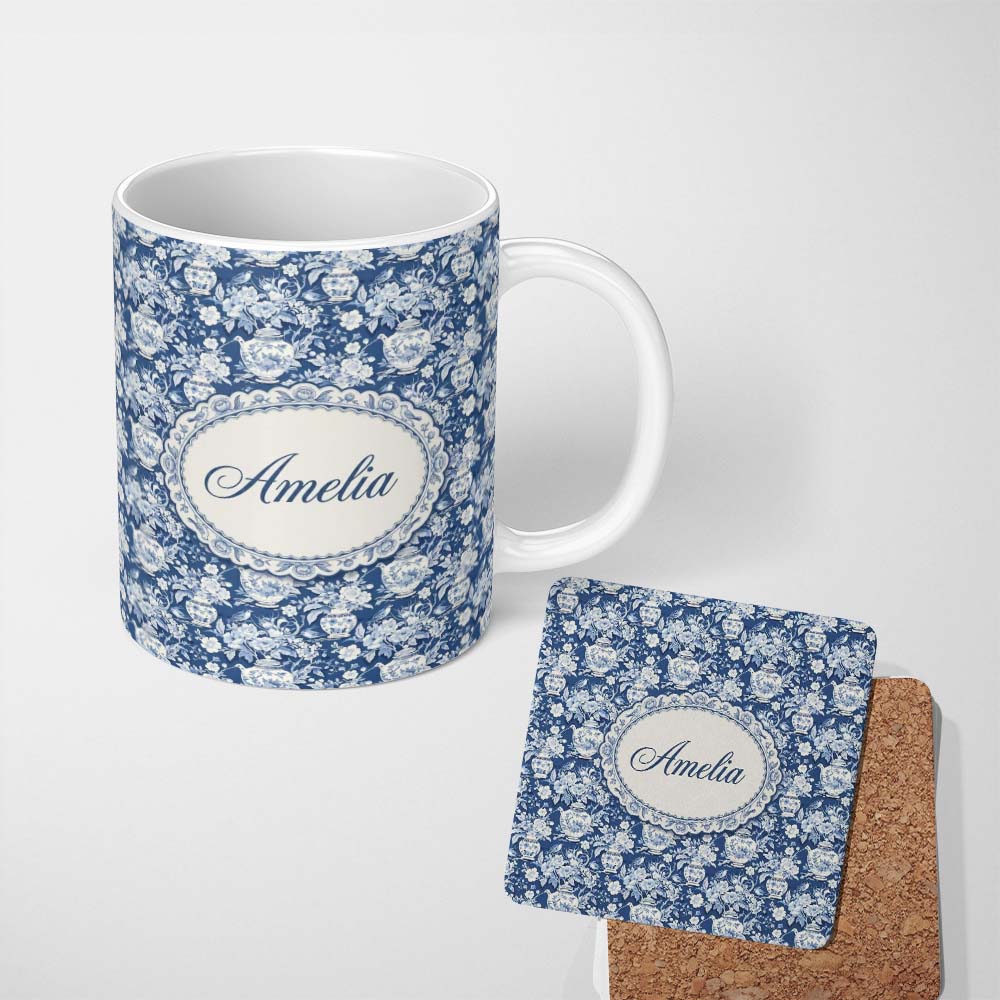 Personalized Custom Name Vintage Blue Porcelain Floral Vase Bird Seamless Pattern Name Cute 11oz Ceramic Coffee Tea Mug White Large Handle