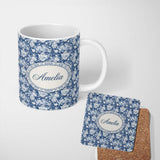 Personalized Custom Name Vintage Blue Porcelain Floral Vase Bird Seamless Pattern Name Cute 11oz Ceramic Coffee Tea Mug White Large Handle