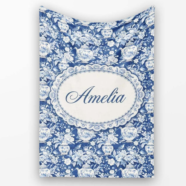 Vintage Blue Porcelain Floral Vase Bird Seamless Pattern Name Cute  Personalised Custom Name Super Soft Fleece Blanket Bed Sofa Throw
