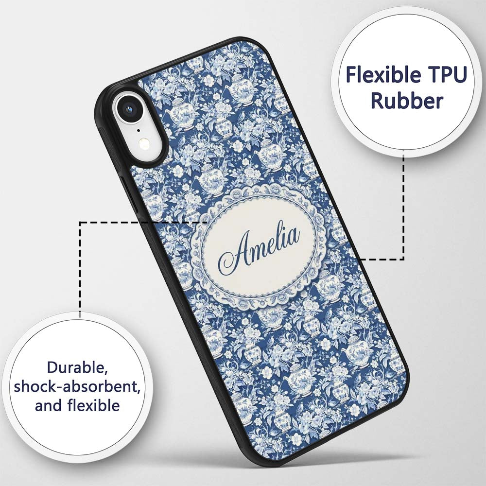 Vintage Blue Porcelain Floral Vase Bird Seamless Custom Name Protective Phone Case Mobile Cover Durable Everyday Smartphone Shock Resistant