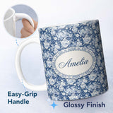 Personalized Custom Name Vintage Blue Porcelain Floral Vase Bird Seamless Pattern Name Cute 11oz Ceramic Coffee Tea Mug White Large Handle