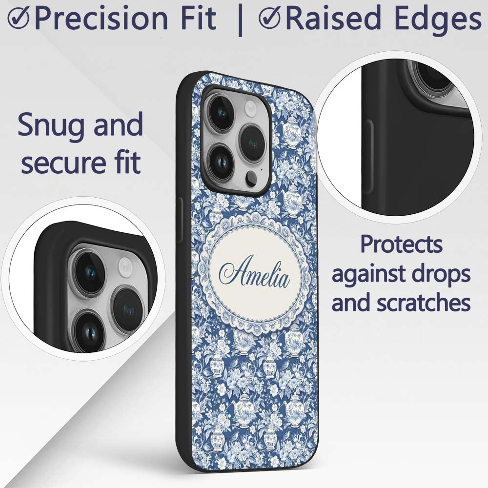 Vintage Blue Porcelain Floral Vase Bird Seamless Custom Name Protective Phone Case Mobile Cover Durable Everyday Smartphone Shock Resistant