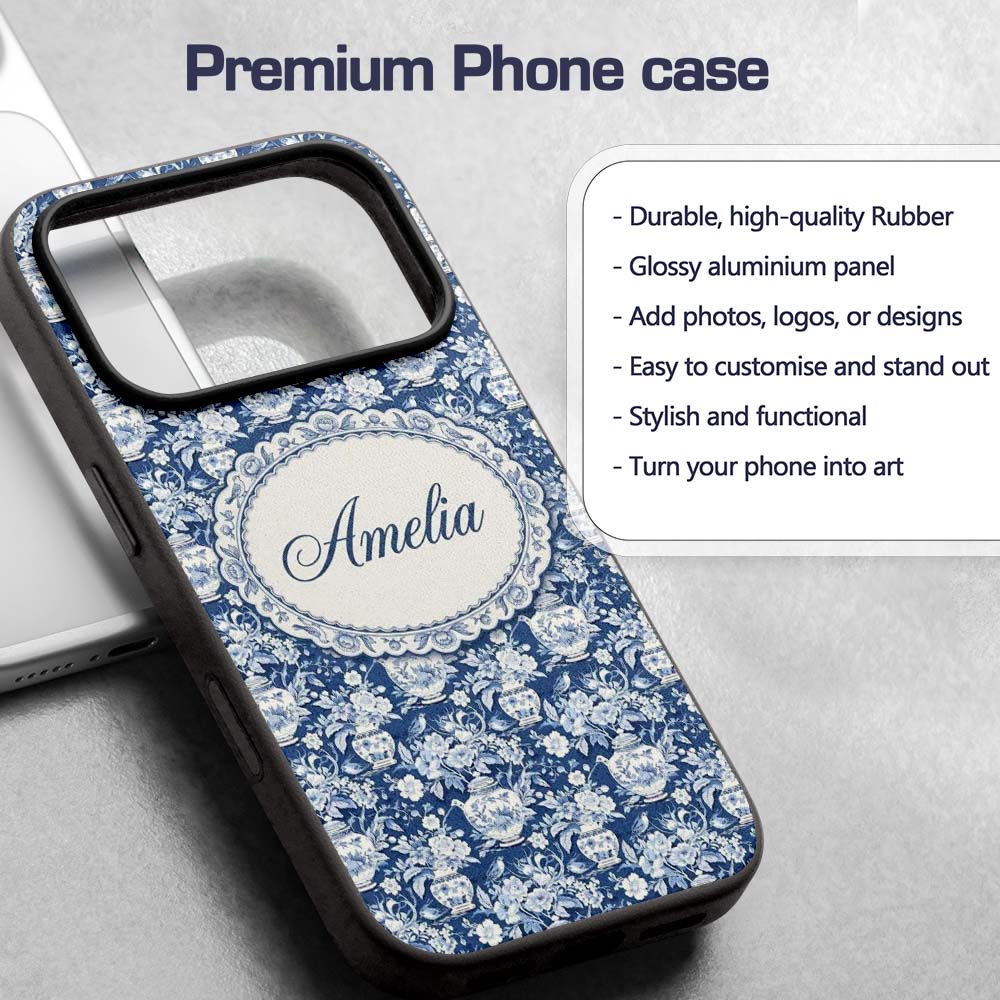 Vintage Blue Porcelain Floral Vase Bird Seamless Custom Name Protective Phone Case Mobile Cover Durable Everyday Smartphone Shock Resistant