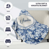Vintage Blue Porcelain Floral Vase Bird Seamless Pattern Name Cute  Personalised Custom Name Super Soft Fleece Blanket Bed Sofa Throw
