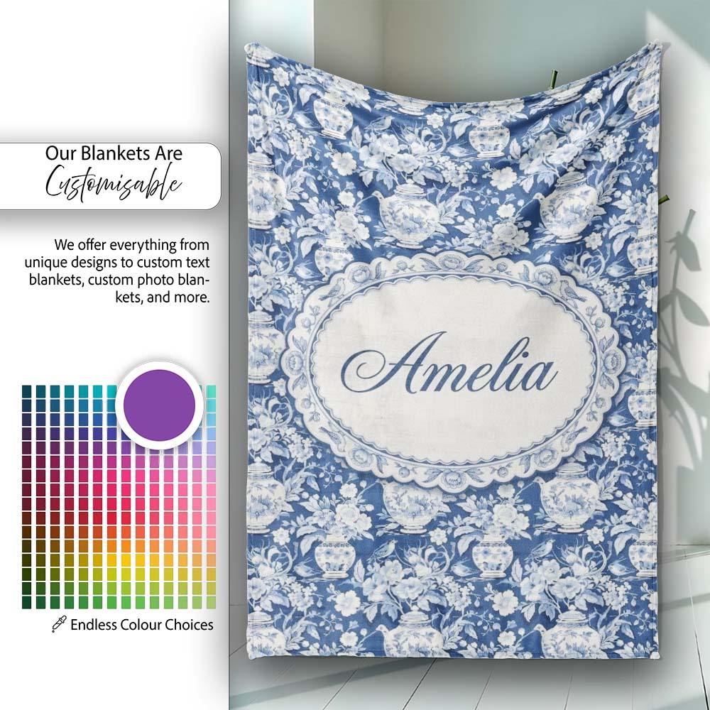 Vintage Blue Porcelain Floral Vase Bird Seamless Pattern Name Cute  Personalised Custom Name Super Soft Fleece Blanket Bed Sofa Throw