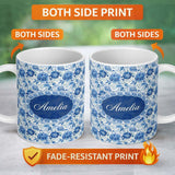 Personalized Custom Name Soft Blue Peony Floral Seamless Botanical Elegant Pattern Custom 11oz Ceramic Coffee Tea Mug White Large Handle