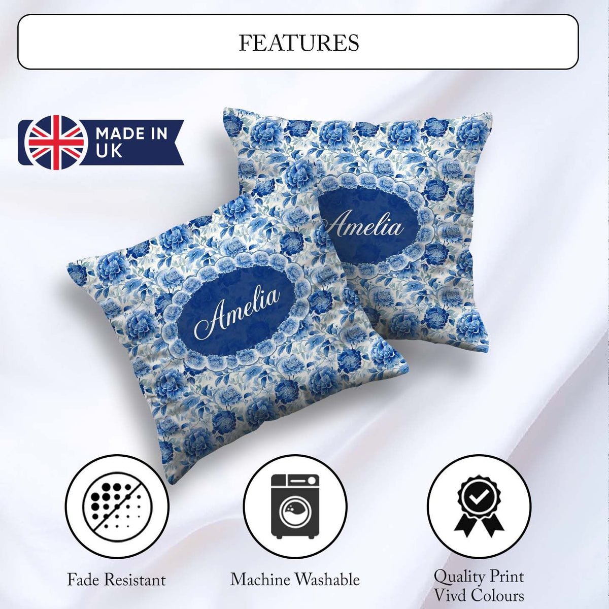 Custom Name Soft Peony Floral Seamless Botanical Elegant Pattern Square Filled Cushion Throw Pillow Sofa Bed Home Decor Zip Washable UK Made