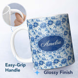 Personalized Custom Name Soft Blue Peony Floral Seamless Botanical Elegant Pattern Custom 11oz Ceramic Coffee Tea Mug White Large Handle